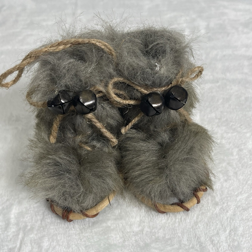 Alaska Snowshoe Boots Furry w/ Bells Christmas Ornament 5"  Snow Boots Faux Fur